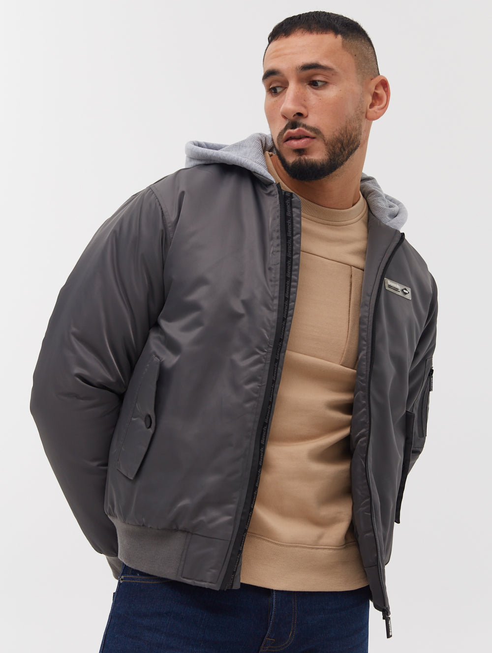 Bomper Fleece Hood Bomber Jacket - Grey