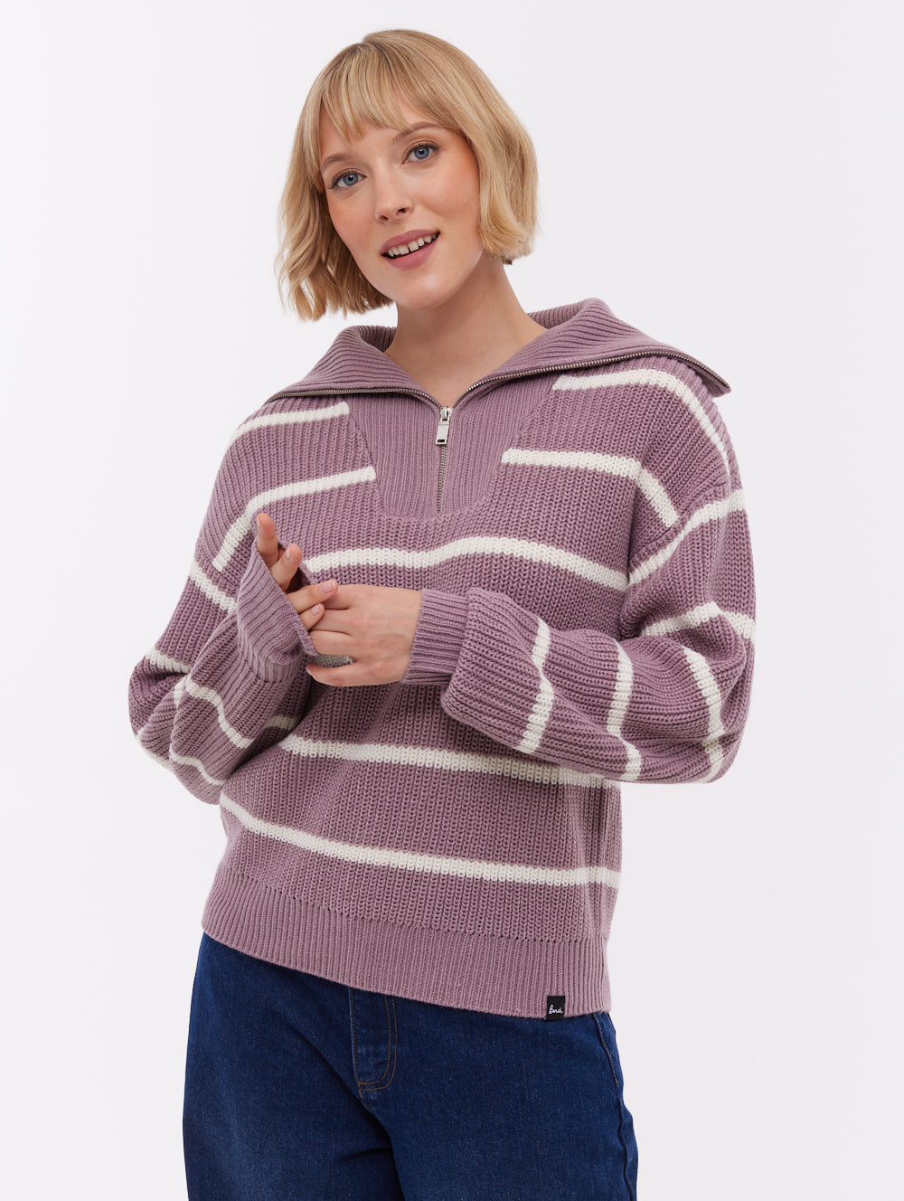 Margita Striped Zippered Funnel Sweater - Purple