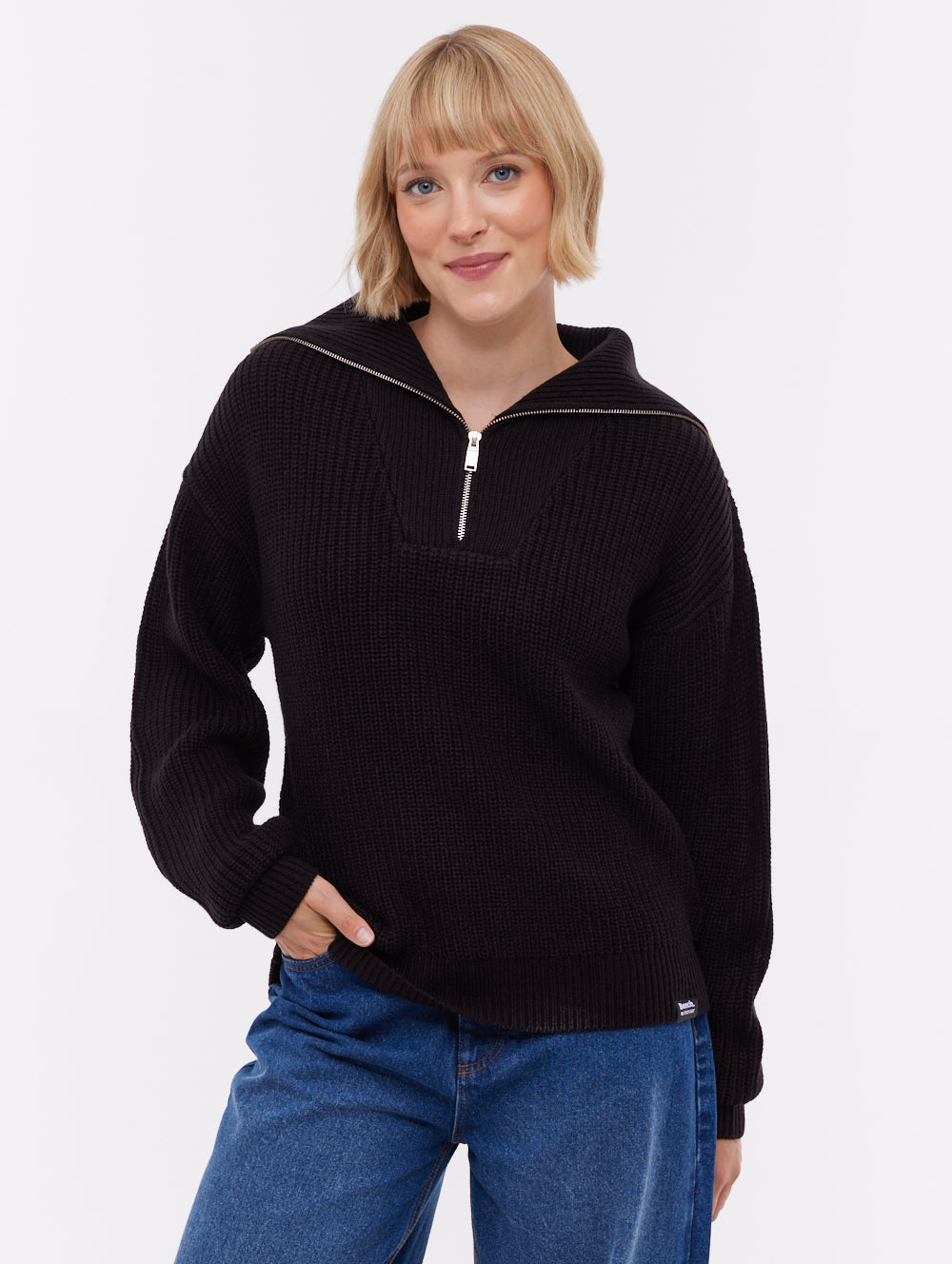 Audreena Black BK001 Knit 1/4 Zips Oversized Collar Shot 1