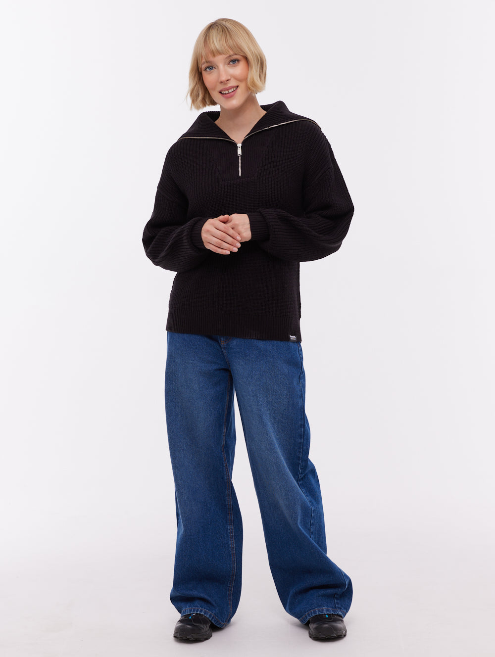 Audreena Black BK001 Knit 1/4 Zips Oversized Collar Shot 1