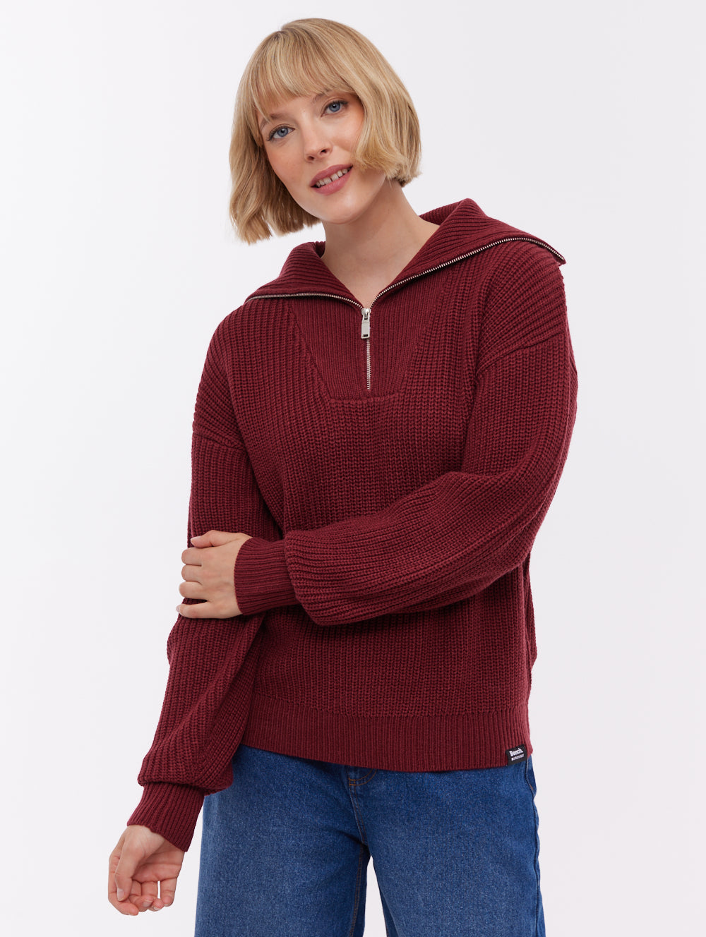 Audreena Red BU028 Knit 1/4 Zips Oversized Collar Shot 1