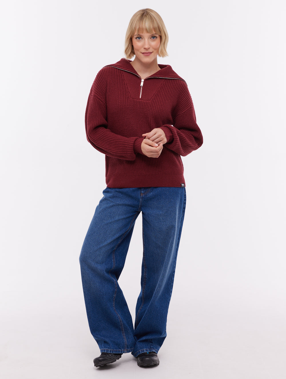 Audreena Red BU028 Knit 1/4 Zips Oversized Collar Shot 1