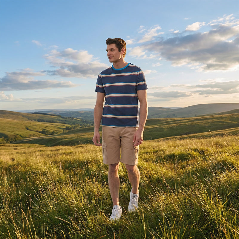 Man standing in a grassy field with a scenic background
