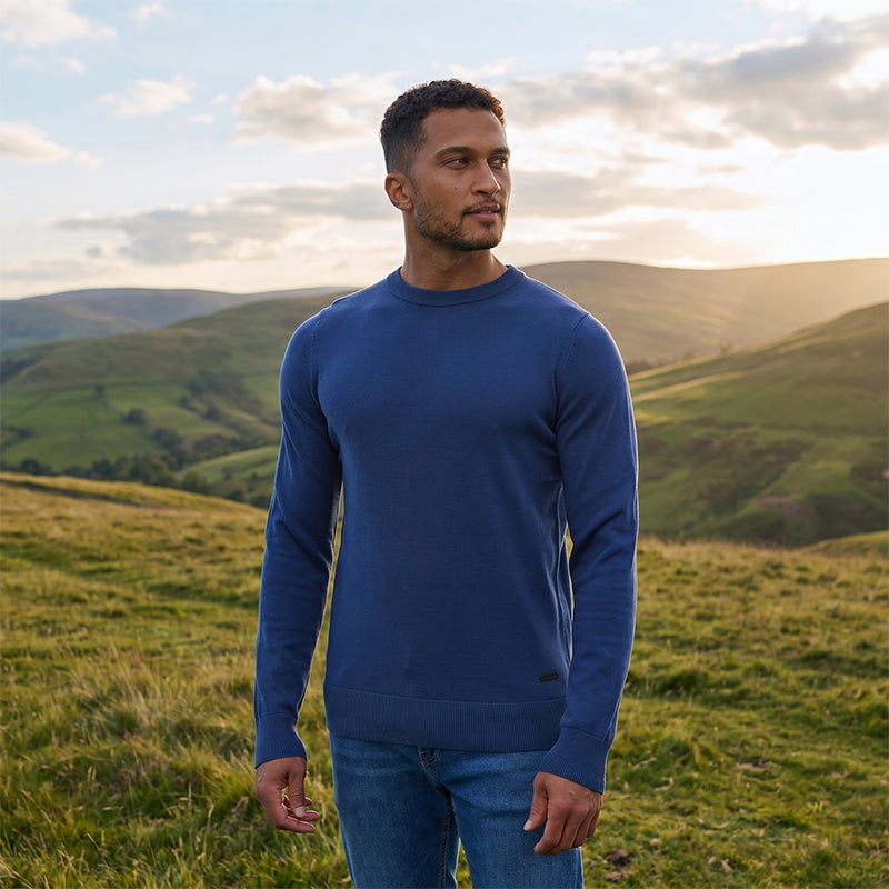 Man wearing a blue sweater standing in a grassy field with mountains in the background